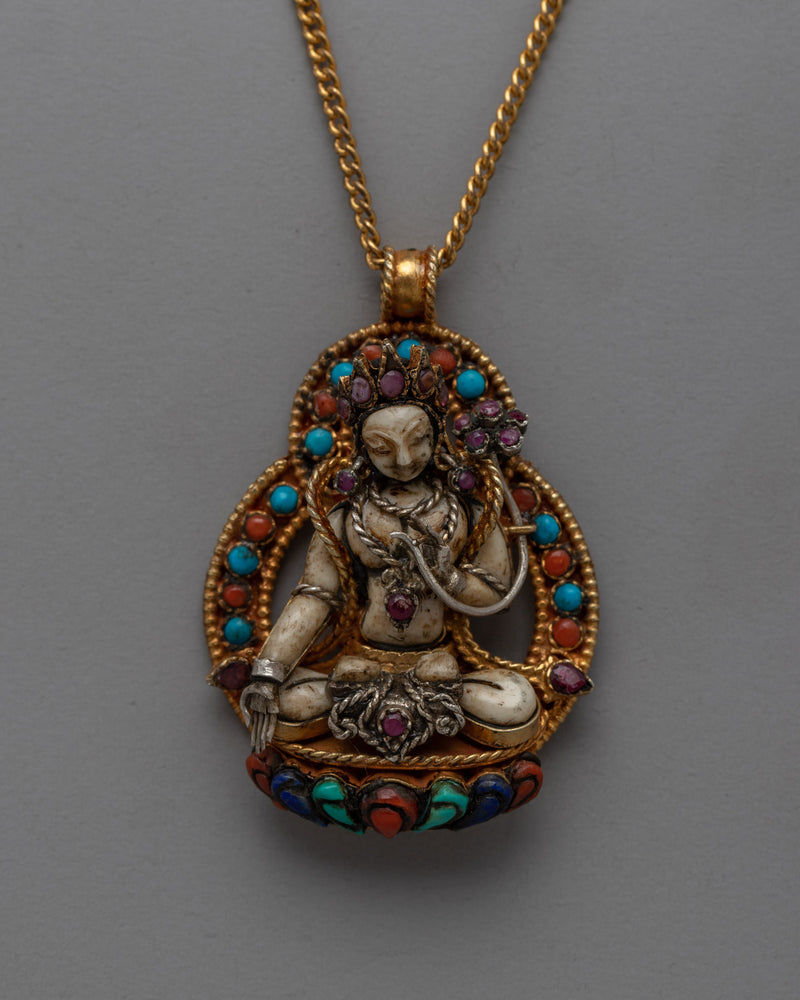 Sacred White Tara Amulet with Gold Base & Original Stones 