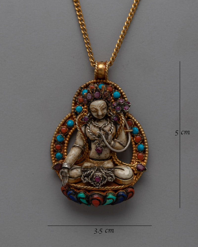 Sacred White Tara Amulet with Gold Base & Original Stones | Providing Wearer with Blessings