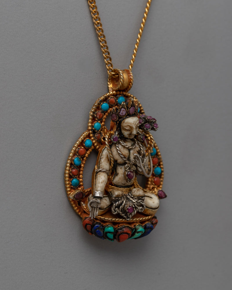 Sacred White Tara Amulet with Gold Base & Original Stones | Providing Wearer with Blessings