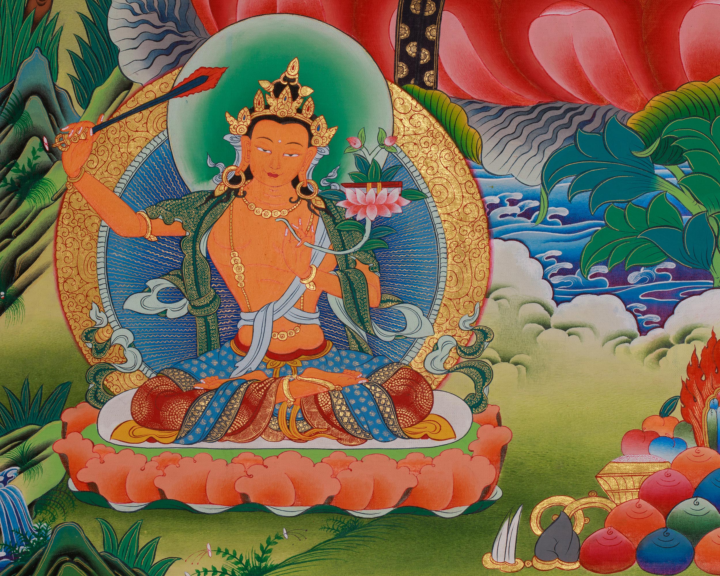 Chenrezig With Other Deities Thangka | Five Dhyani Buddha | Vajrapani And Manjushri Art