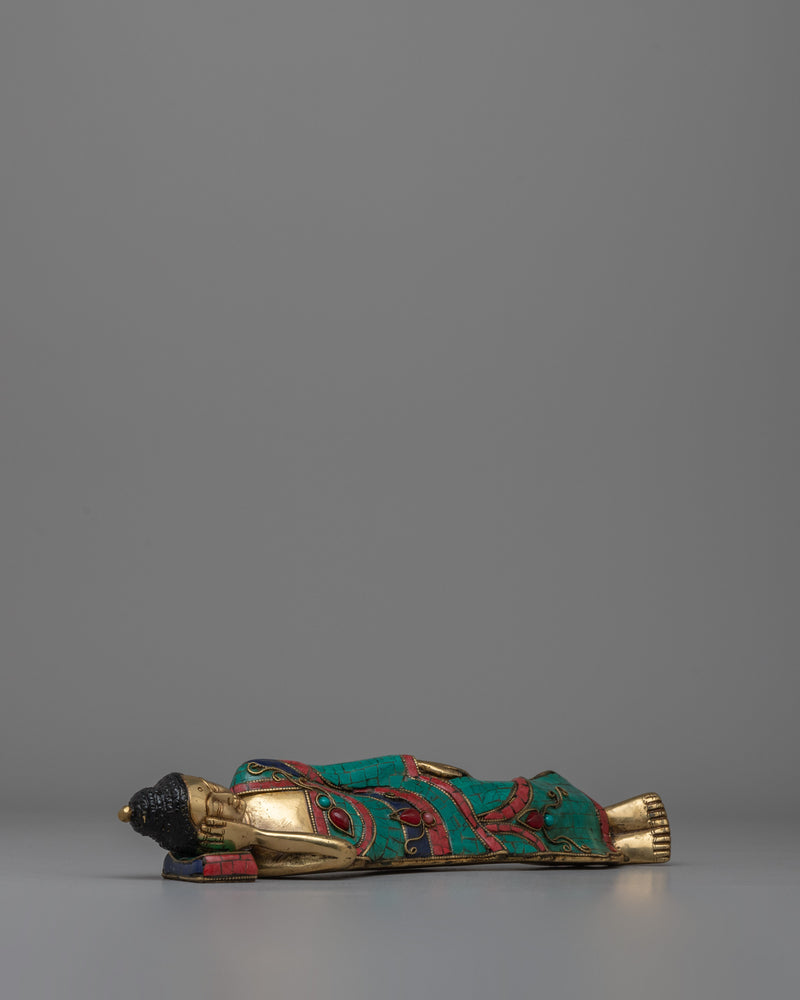 Brass Sleeping Buddha Statue | Symbolic Sleeping Buddha with Coral and Turquoise Inlay