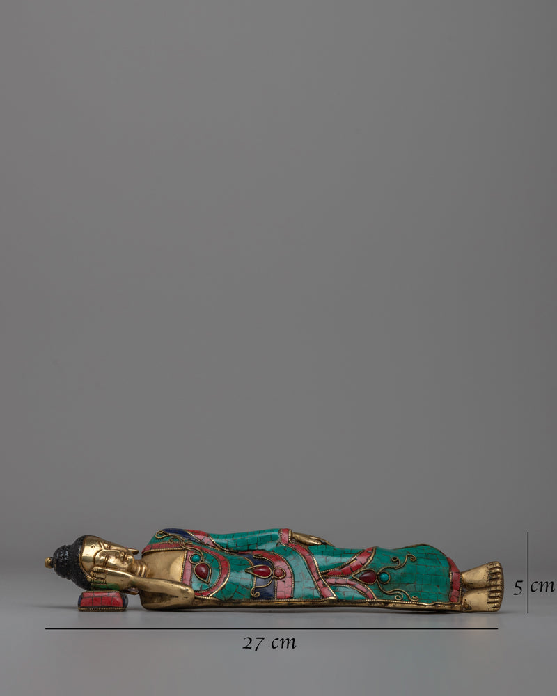 Brass Sleeping Buddha Statue | Symbolic Sleeping Buddha with Coral and Turquoise Inlay