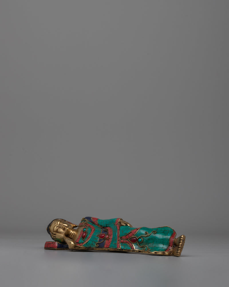 Brass Sleeping Buddha Statue | Symbolic Sleeping Buddha with Coral and Turquoise Inlay