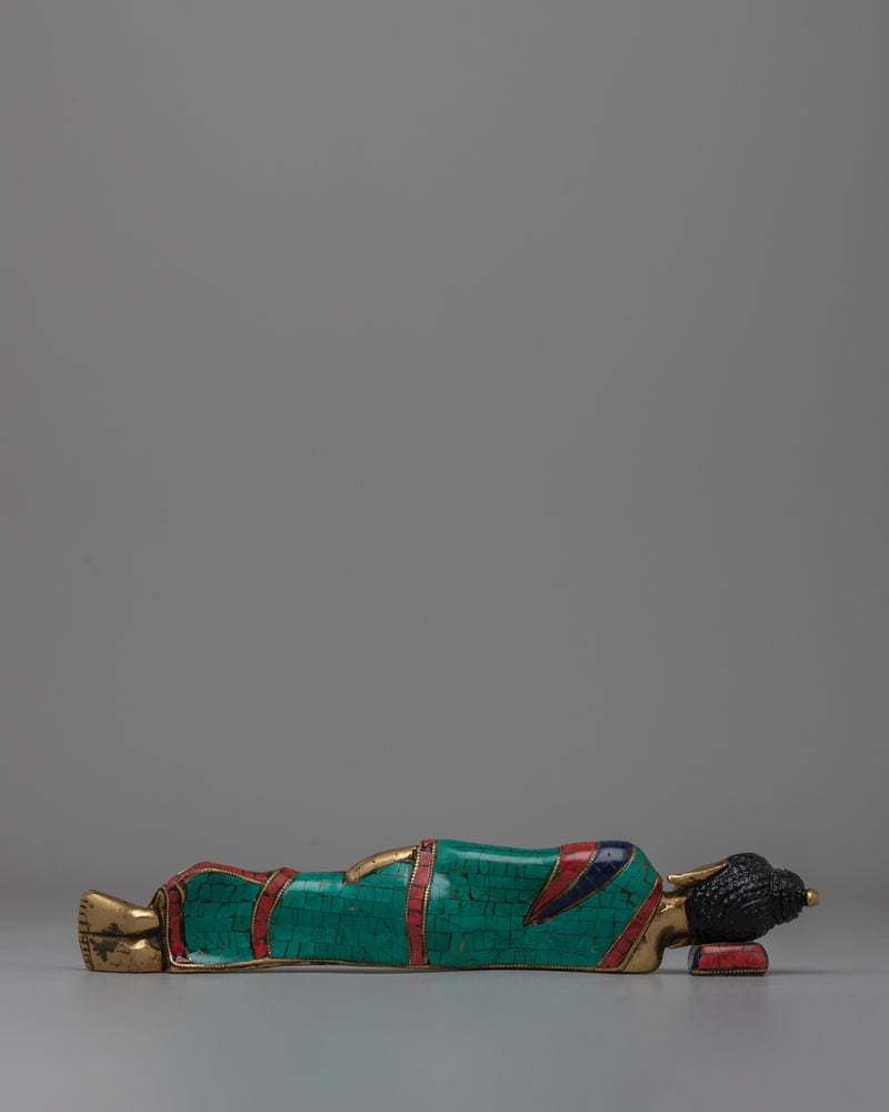 Brass Sleeping Buddha Statue | Symbolic Sleeping Buddha with Coral and Turquoise Inlay