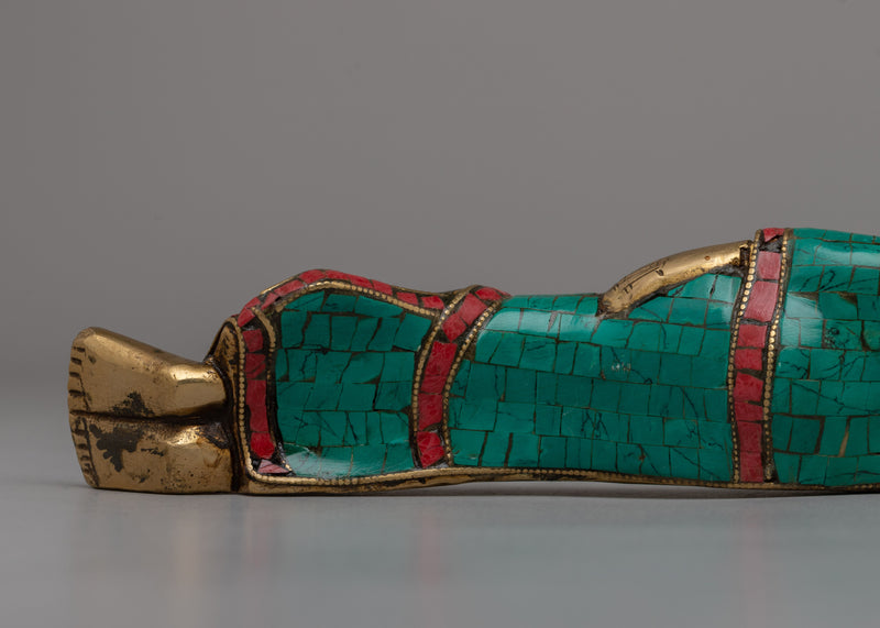 Brass Sleeping Buddha Statue | Symbolic Sleeping Buddha with Coral and Turquoise Inlay