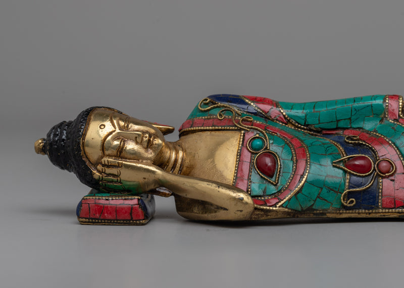 Brass Sleeping Buddha Statue | Symbolic Sleeping Buddha with Coral and Turquoise Inlay