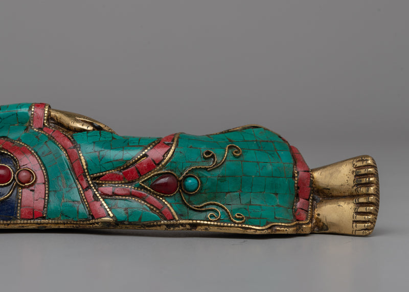 Brass Sleeping Buddha Statue | Symbolic Sleeping Buddha with Coral and Turquoise Inlay