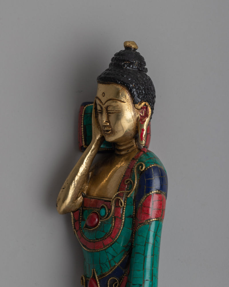 Brass Sleeping Buddha Statue | Symbolic Sleeping Buddha with Coral and Turquoise Inlay