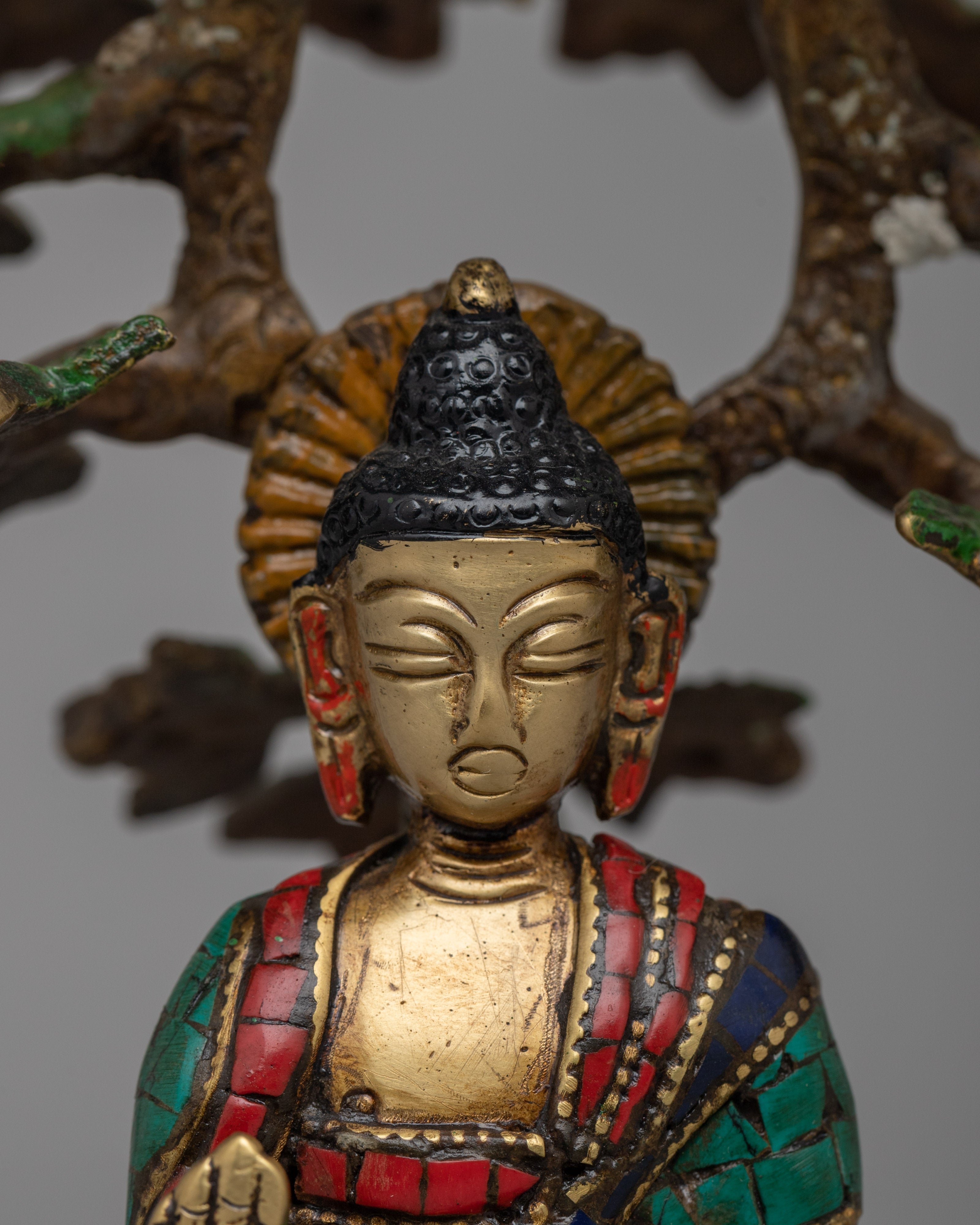Spiritual Amoghasiddhi Buddha Statue | Coral and Turquoise Inlay