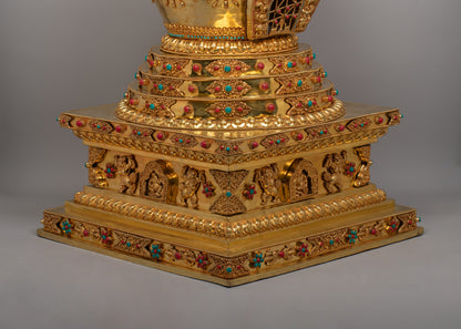 Handcrafted Gold-Plated Tibetan Stupa | Perfect for Altars and Spiritual Decor