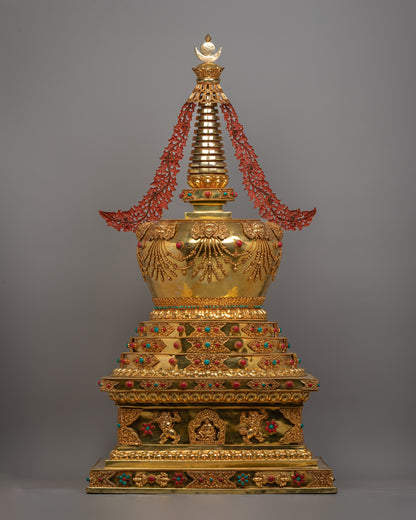 Handcrafted Gold-Plated Tibetan Stupa | Perfect for Altars and Spiritual Decor