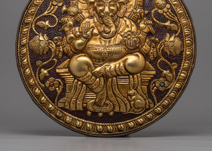 Spiritual Lord Ganesha Metal Thangka | Hand-Carved Brass Artwork with Gold Detailing