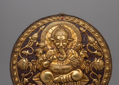 Spiritual Lord Ganesha Metal Thangka | Hand-Carved Brass Artwork with Gold Detailing