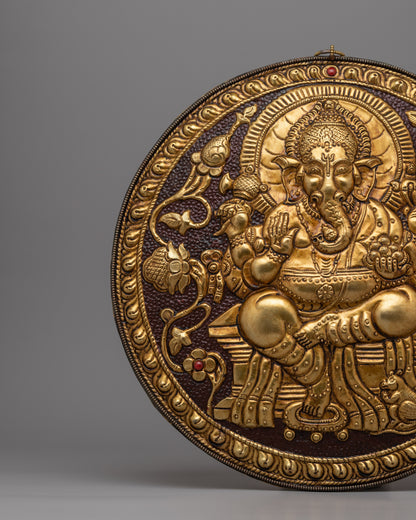 Spiritual Lord Ganesha Metal Thangka | Hand-Carved Brass Artwork with Gold Detailing