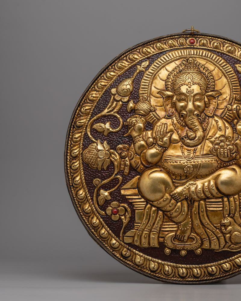 Spiritual Lord Ganesha Metal Thangka | Hand-Carved Brass Artwork with Gold Detailing