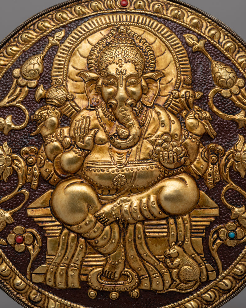 Spiritual Lord Ganesha Metal Thangka | Hand-Carved Brass Artwork with Gold Detailing