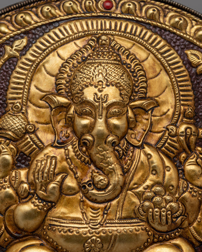 Spiritual Lord Ganesha Metal Thangka | Hand-Carved Brass Artwork with Gold Detailing