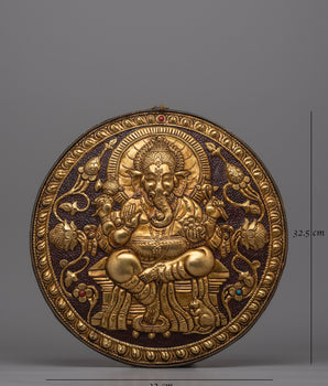 Spiritual Lord Ganesha Metal Thangka | Hand-Carved Brass Artwork with Gold Detailing