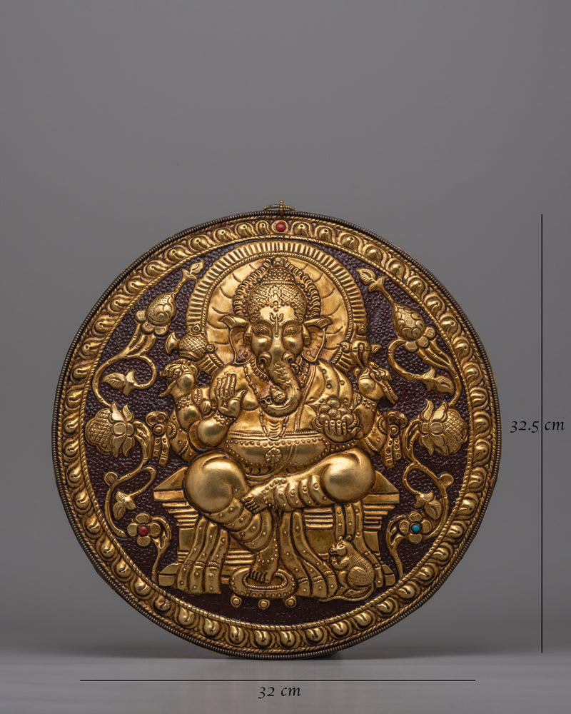 Spiritual Lord Ganesha Metal Thangka | Hand-Carved Brass Artwork with Gold Detailing