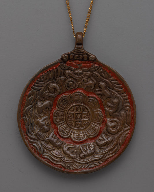 Round Buddhist Brass Locket with Sacred Motifs