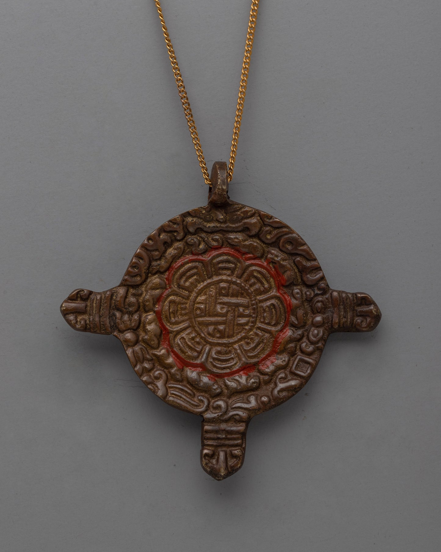 Handcrafted Round Buddhist Brass Locket with Sacred Symbols | Spiritual Jewelry