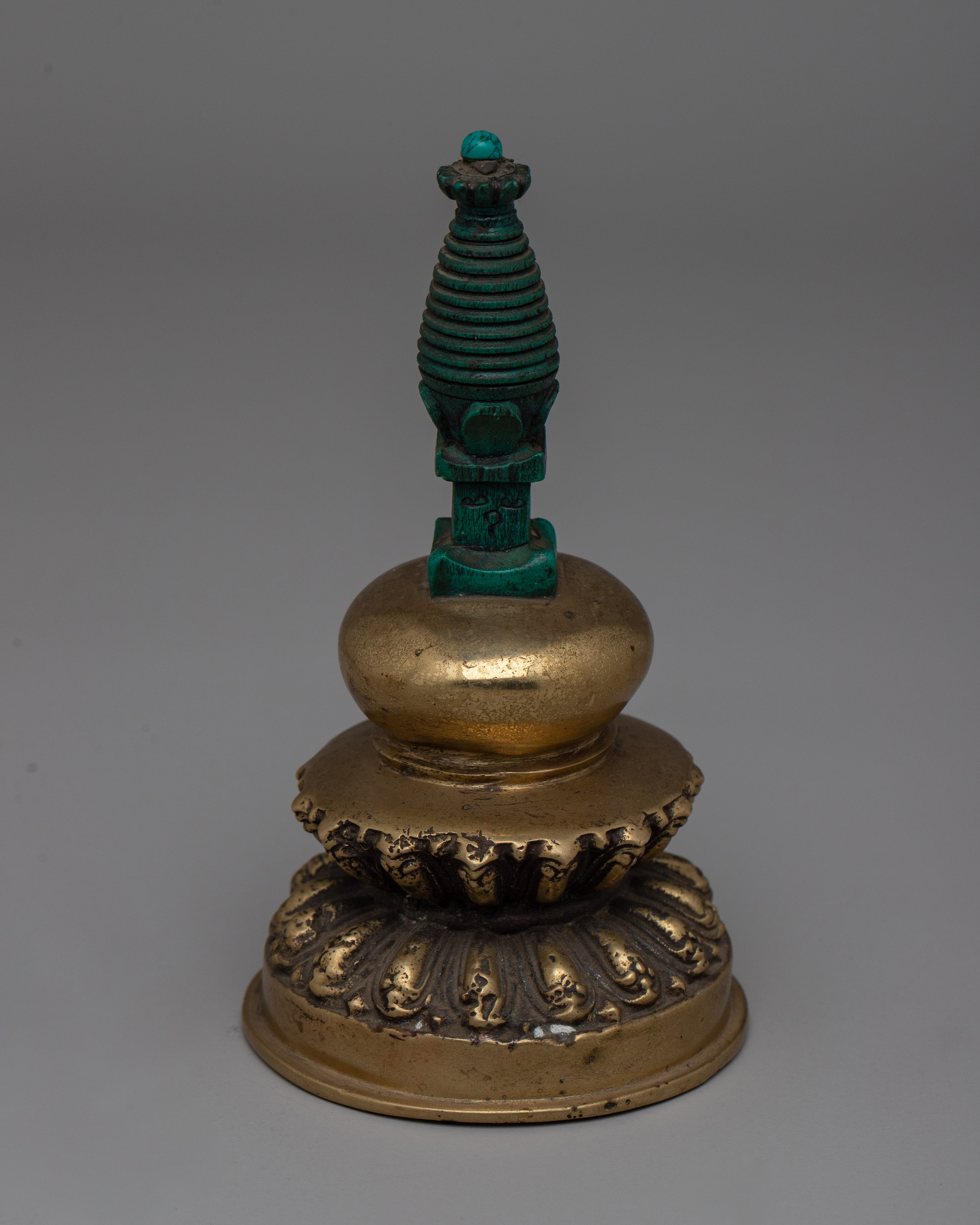 Hand-Carved Brass Stupa with Turquoise | A meaningful Buddhist decor piece