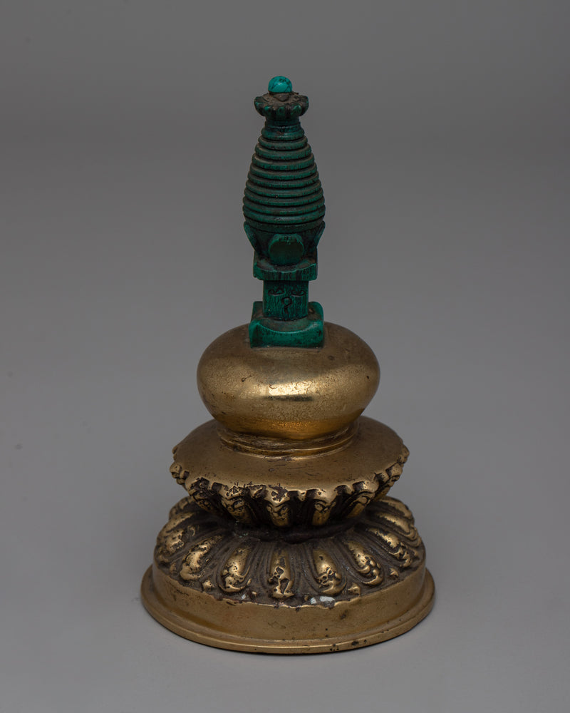 Hand-Carved Brass Stupa with Turquoise | A meaningful Buddhist decor piece