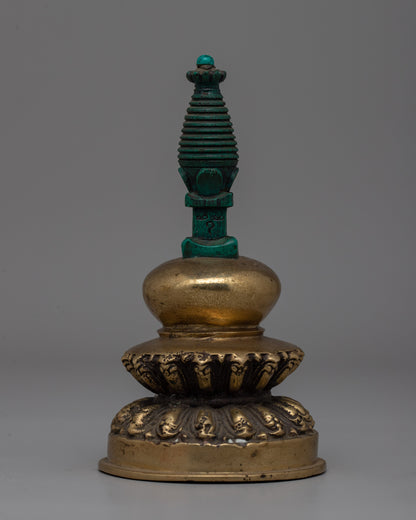 Hand-Carved Brass Stupa with Turquoise | A meaningful Buddhist decor piece