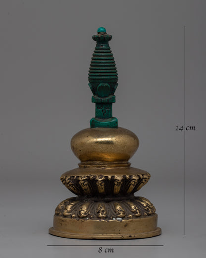 Hand-Carved Brass Stupa with Turquoise | A meaningful Buddhist decor piece