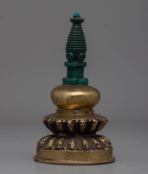 Hand-Carved Brass Stupa with Turquoise 
