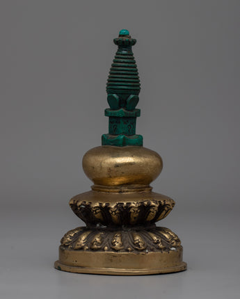 Hand-Carved Brass Stupa with Turquoise