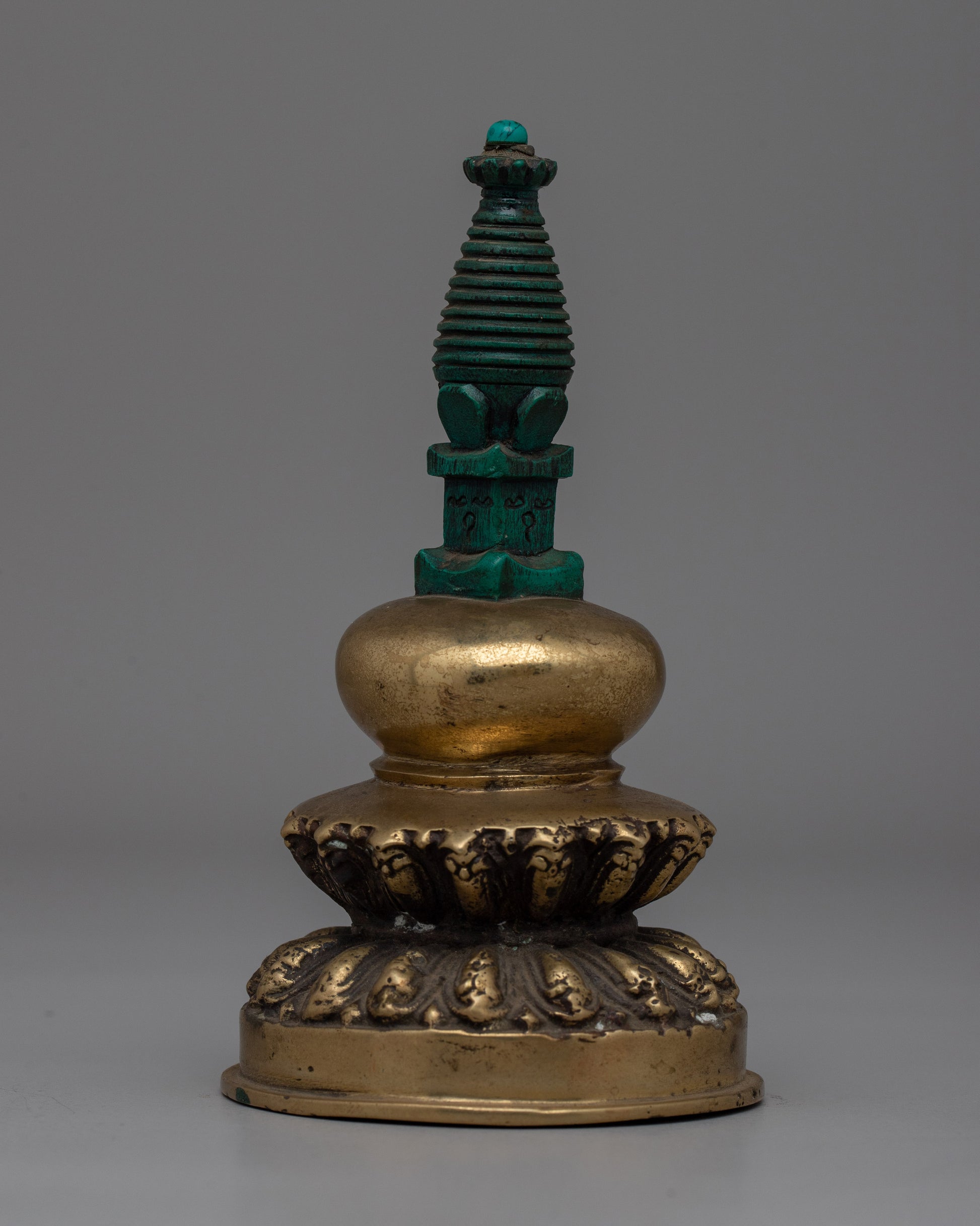 Hand-Carved Brass Stupa with Turquoise 