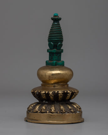 Hand-Carved Brass Stupa with Turquoise 