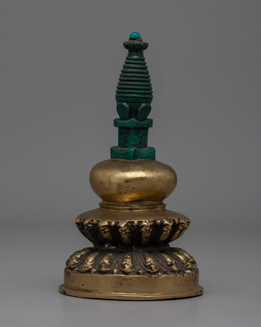 Hand-Carved Brass Stupa with Turquoise 