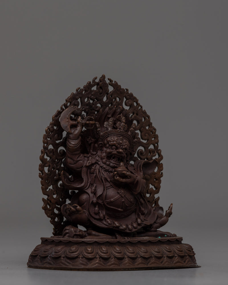 Hand-Carved Brass Mahakala Statue with Turquoise | Guardian Deity with Artificial Turquoise