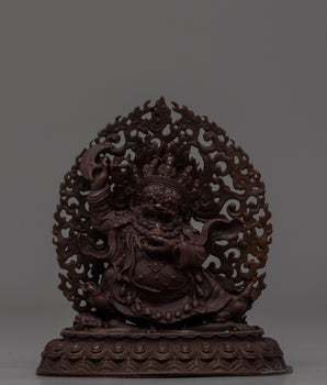 Hand-Carved Brass Mahakala Statue with Turquoise
