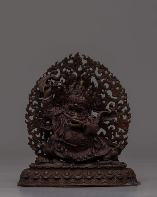 Hand-Carved Brass Mahakala Statue with Turquoise