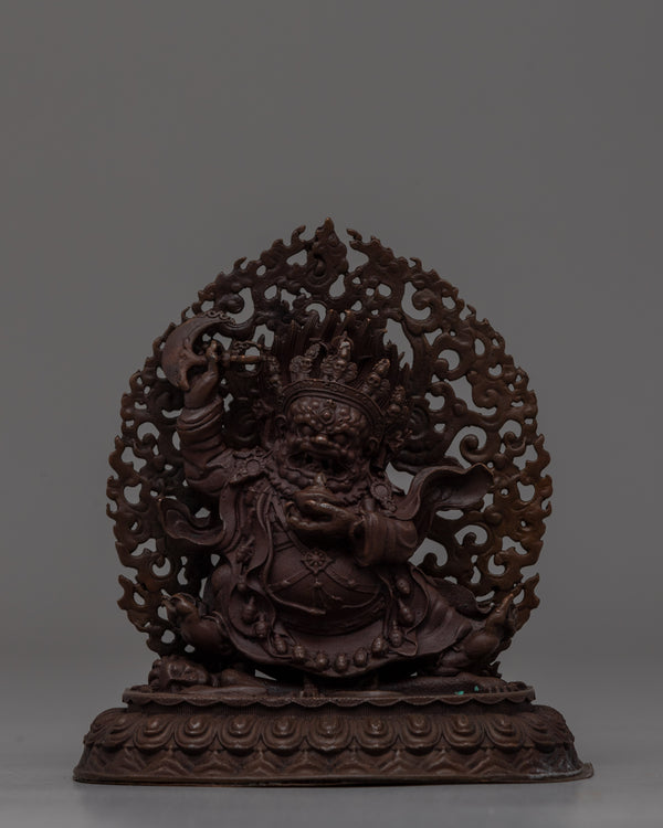 Hand-Carved Brass Mahakala Statue with Turquoise