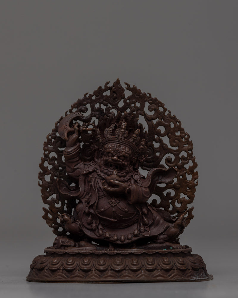 Hand-Carved Brass Mahakala Statue with Turquoise