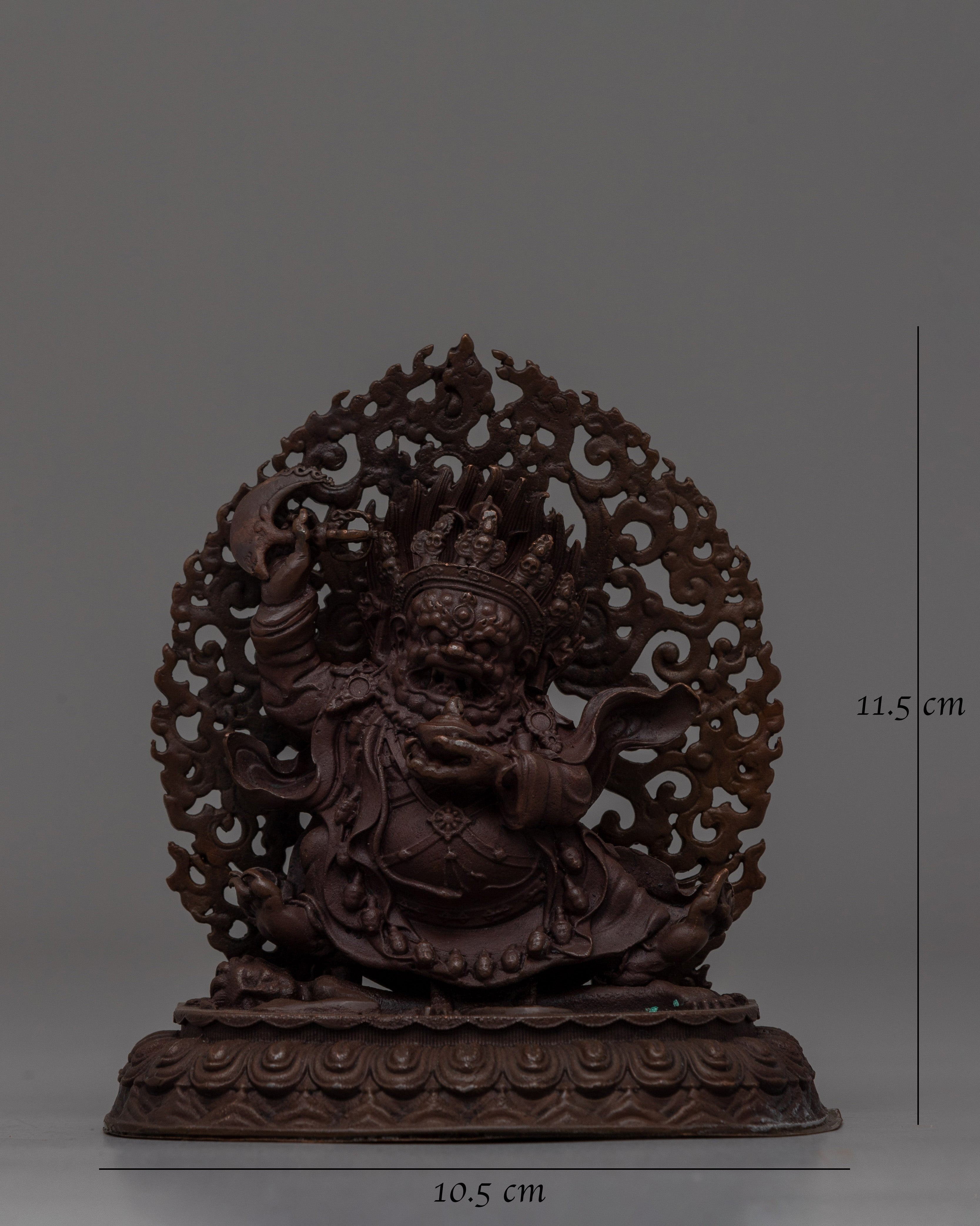 Hand-Carved Brass Mahakala Statue with Turquoise | Guardian Deity with Artificial Turquoise