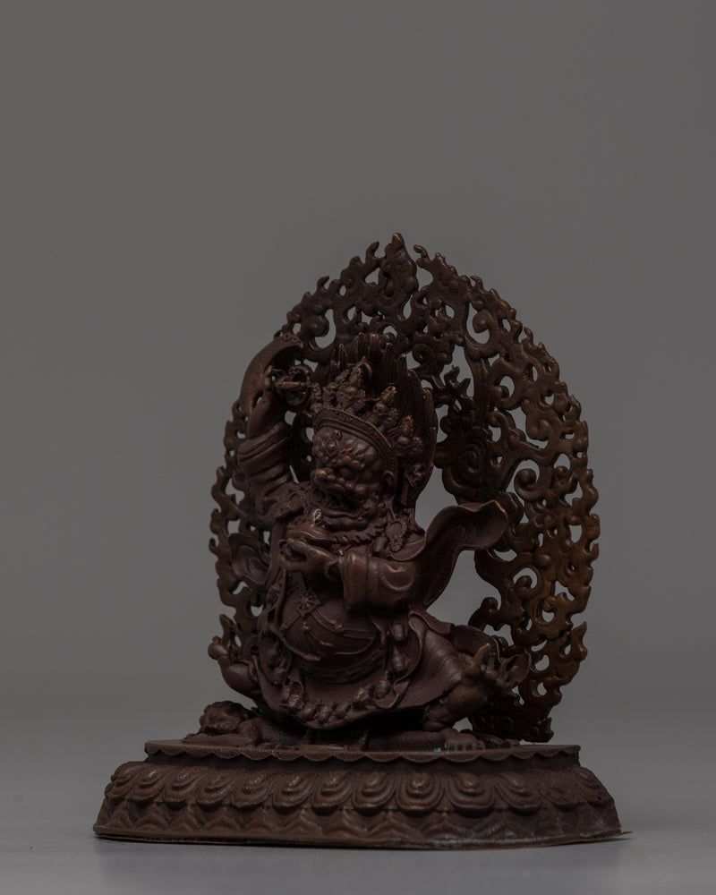 Hand-Carved Brass Mahakala Statue with Turquoise | Guardian Deity with Artificial Turquoise