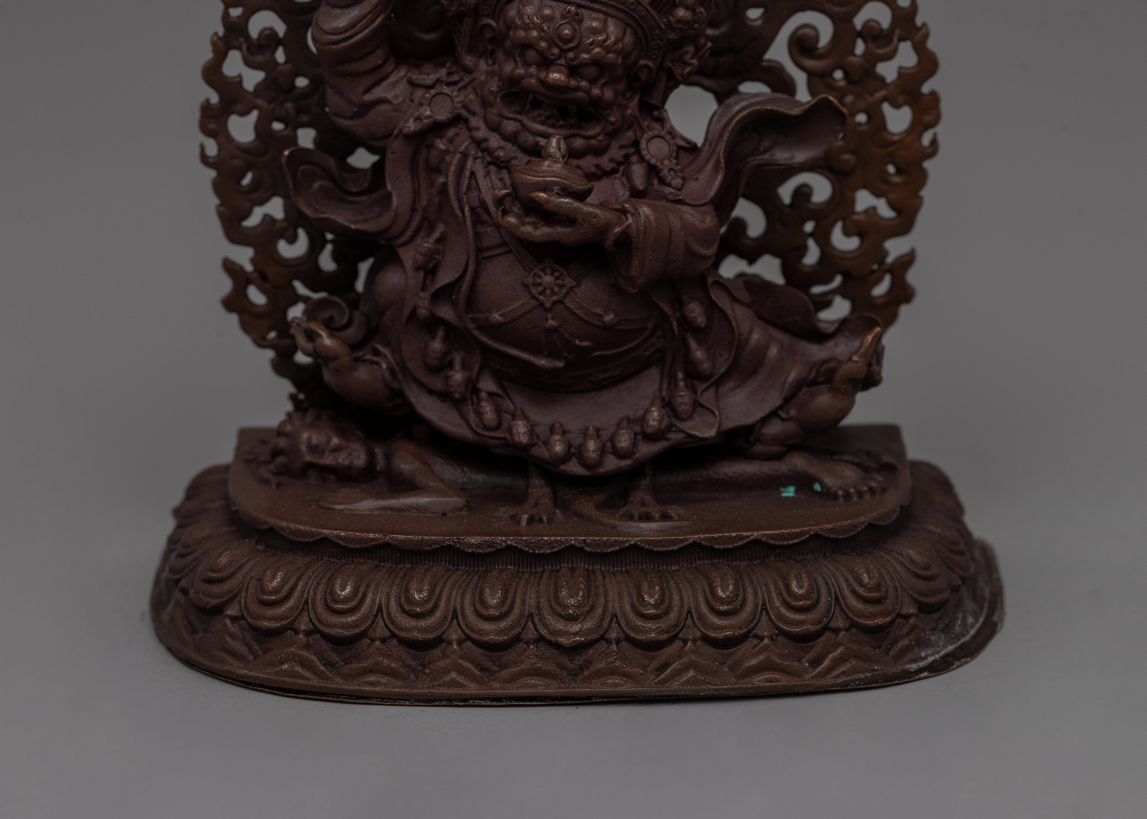Hand-Carved Brass Mahakala Statue with Turquoise | Guardian Deity with Artificial Turquoise