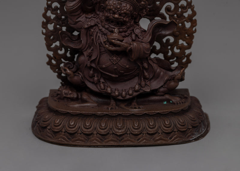 Hand-Carved Brass Mahakala Statue with Turquoise | Guardian Deity with Artificial Turquoise