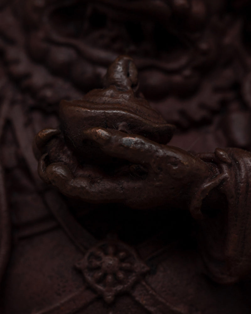 Hand-Carved Brass Mahakala Statue with Turquoise | Guardian Deity with Artificial Turquoise