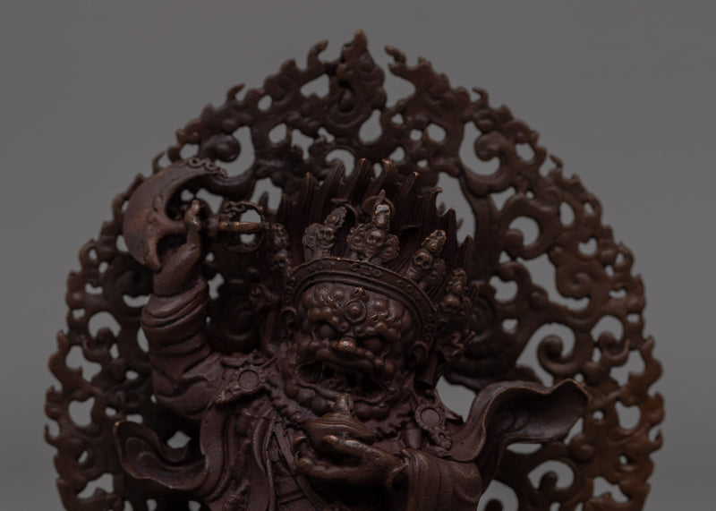 Hand-Carved Brass Mahakala Statue with Turquoise | Guardian Deity with Artificial Turquoise