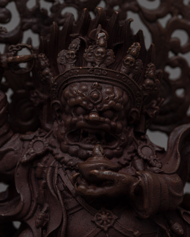 Hand-Carved Brass Mahakala Statue with Turquoise | Guardian Deity with Artificial Turquoise