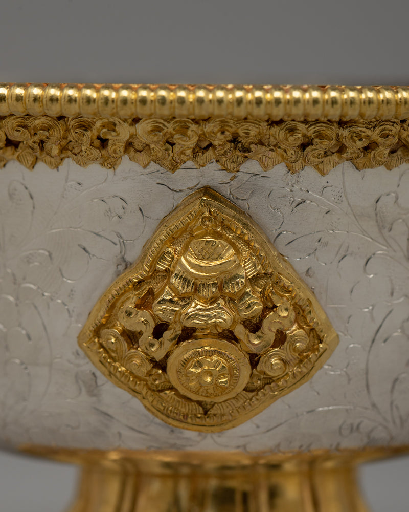 Handcrafted Silver Body and Gold-Plated Offering Bowls | Sacred Buddhist Decor Item