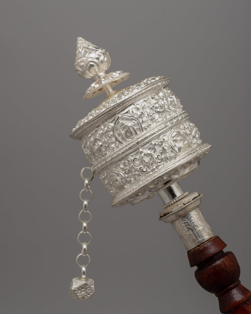 Handcrafted Tibetan Prayer Wheel in Silver and Wood | Buddhist Home Decor