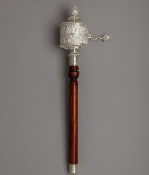 Handcrafted Tibetan Prayer Wheel in Silver and Wood 
