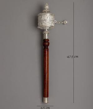 Handcrafted Tibetan Prayer Wheel in Silver and Wood | Buddhist Home Decor